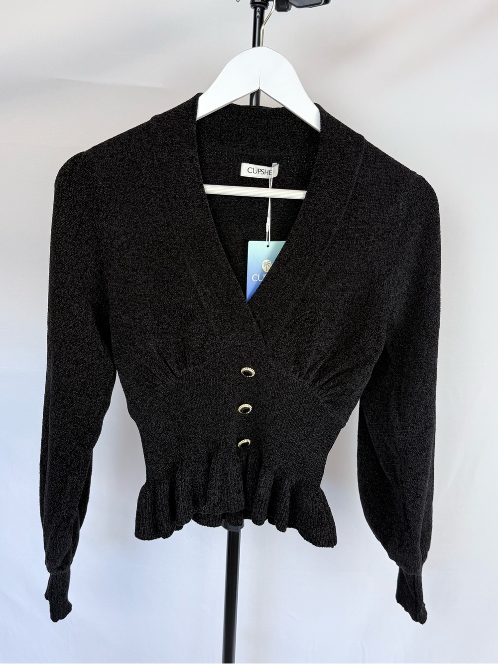 Cupshe Black V-Neck Button Peplum Long-Sleeve Top